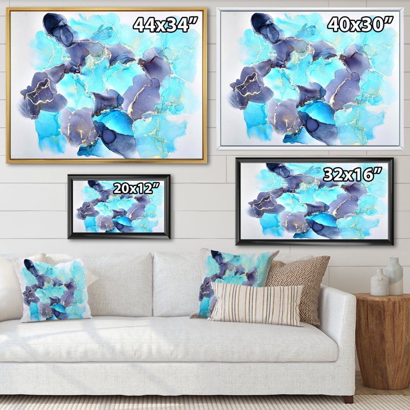 Turquoise de luxe abstrait fluide III - peinture sur toile, H 16 po x l 32 po x P 1 po, Cadre flottant doré