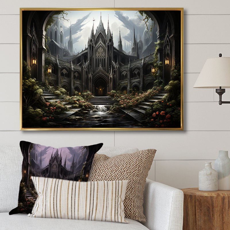 «Black Neo Ecclesiastic Vision Church III», art mural noir, Cadre flottant doré, H 34 po x l 44 po x P 1,5 po