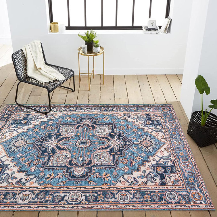 Huddleston Ornate Large Medallion Machine-Washable Blue/Beige Rug