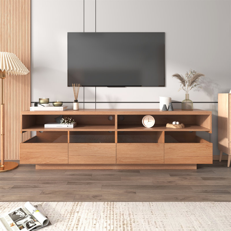 Téléviseur moderne avec 4 tiroirs et 2 armoires ouvertes, console multimédia pour téléviseurs de 75 po ou moins
