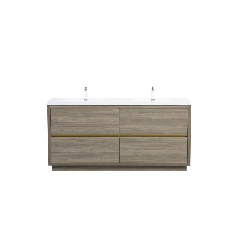 Meuble-lavabo autoportant avec lavabos doubles, tiroirs à fermeture en douceur, Gris cendre