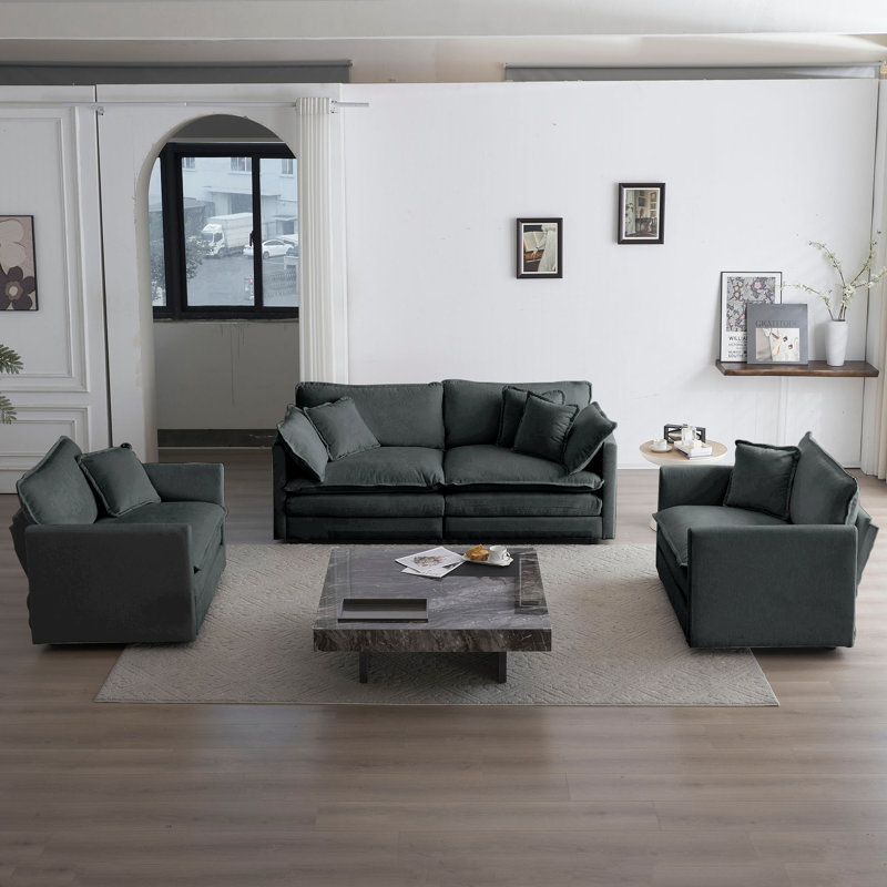  Ensemble de canapé modulaire 3 pièces, 2 fauteuils et canapé 2 places, tissu chenille avec coussins, gris, Gris