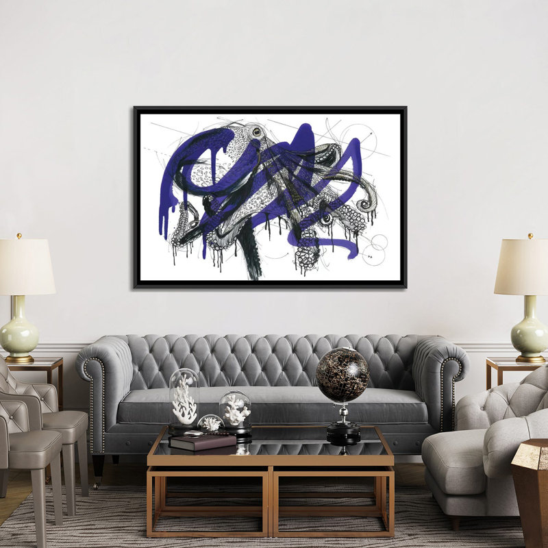 Octopus Reef, reproduction sur toile, H 32 po x l 48 po x P 1,5 po, Toile avec cadre noir, Pas de tapis