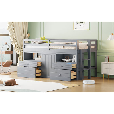 Twin Loft Bed Grey With 4 Configuration, Underneath Cabinet, Shelves - Solid & Space Maximized Size Organization, Alongside Cabinet And Saving Solution