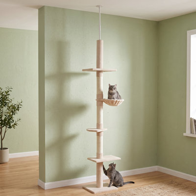 Arbre à chat à plusieurs niveaux, arbre à chat à hauteur réglable du sol au plafond de 102 po, tour à chat à 5 niveaux avec poteaux à griffer, hamac