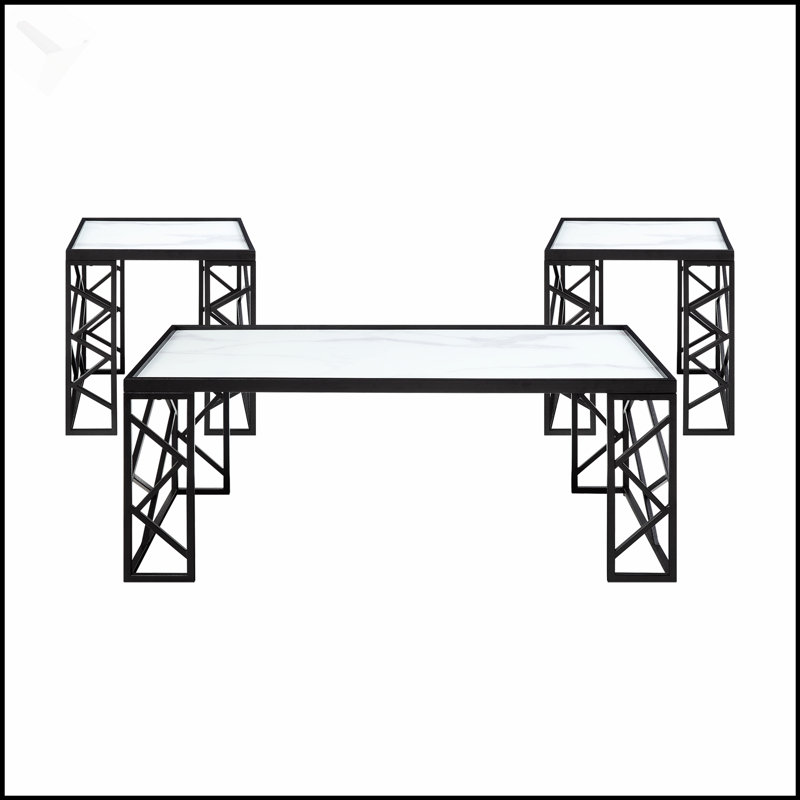 Ensemble de tables d'appoint 3 pièces avec plateau en verre trempé et structure en métal noir, parfait pour les meubles de salon modernes