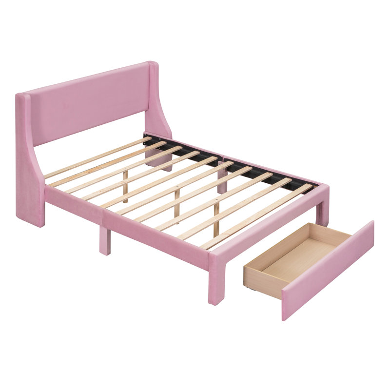 Lit plateforme avec rangement et velours, Rose