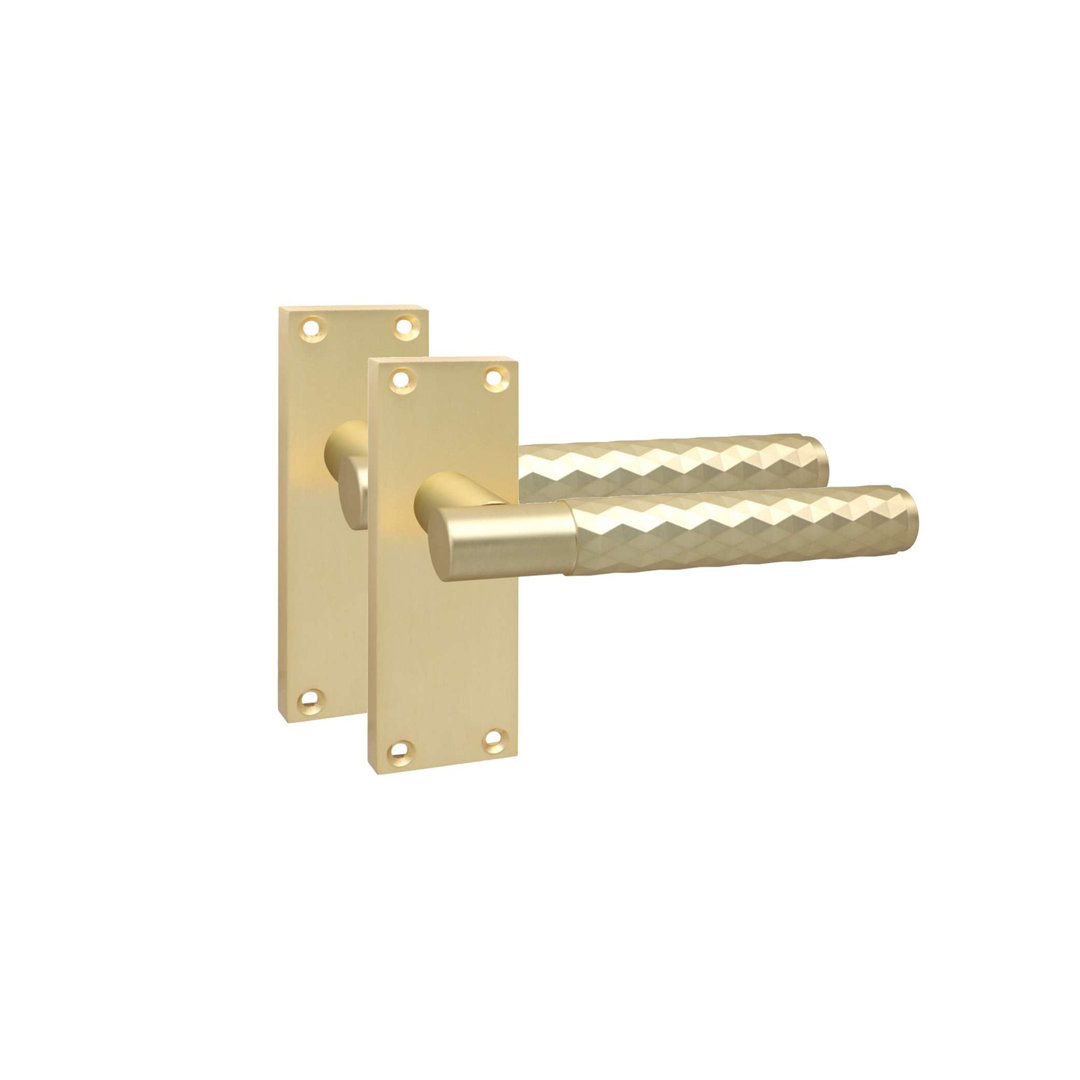 Golden Grace 1 Pair Victorian Design Knurled Diamond Cut Door Handle Internal Pack Satin Brass Finish - Bathroom and Lock Set with Hinges - 120mm x 40