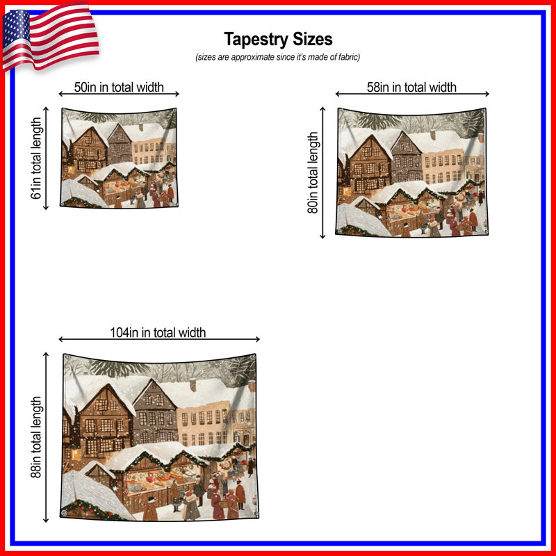 Winter Market Scene Wall Tapestry - Christmas Wall Decor, 50in H x60in W with 4 Grommets