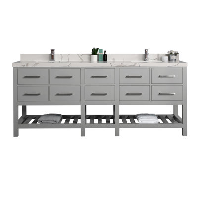 Meuble-lavabo double 84 x 22 Santa Fe en vert avec 2 comptoirs Calacatta