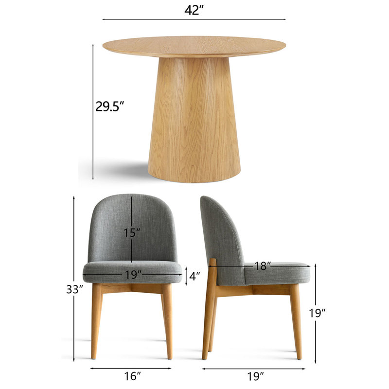 5-Piece Oak Veneer Dining Set with 42" Round Table & 4 Linen Chairs, Gray