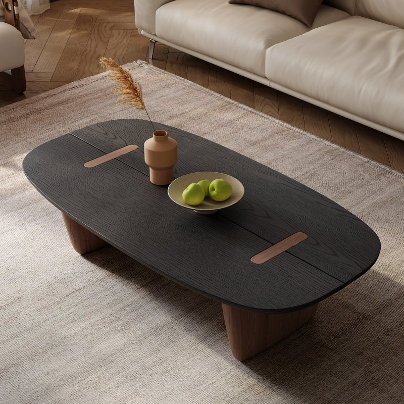 Table basse Japonaise, plateau de table en placage de noyer avec incrustation de bois, pieds en dalle épaisse, table centrale moderne à profil bas pour le salon