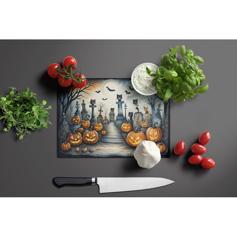 Cat Cemetery Spooky Halloween Glass Cutting Board Large