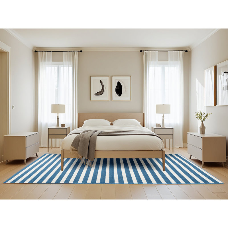 Machine Washable Horizontal Stripes Blue Area Rug, Rectangle 5' x 8'