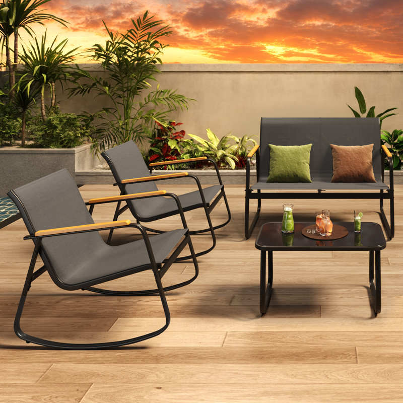 5-Pieces Outdoor Rocking Conversation Set with Loveseat, Wood Armrests and Coffee Table, Black