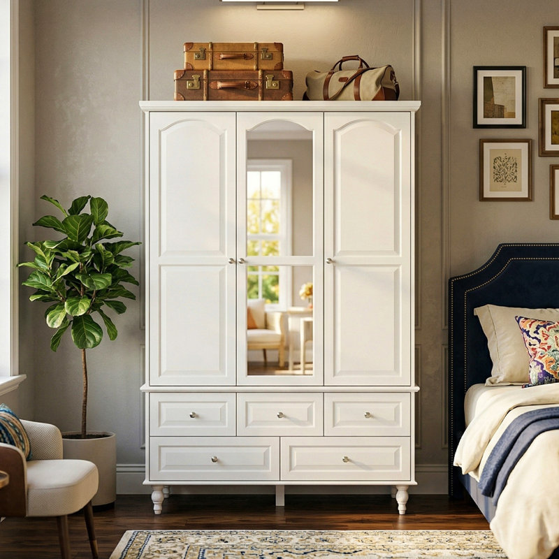 Armoire 3 portes 5 tiroirs avec miroir Aijahlon, Brun