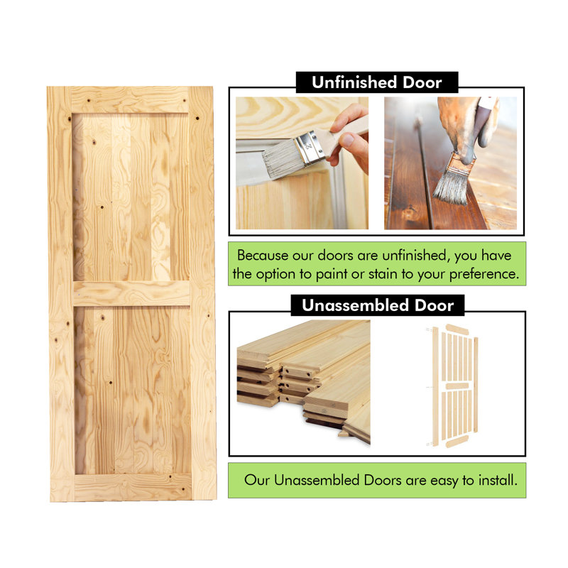 Two Solid Pine Wood Unfinished/Unassembled Barn Door with Black Single Track Bypass Hardware Kit, 72" x 84"
