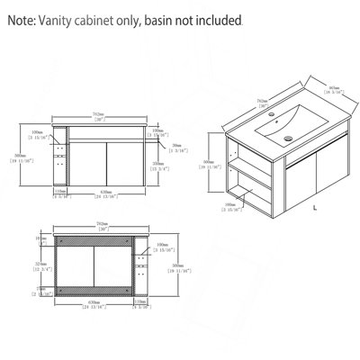 36" Floating Bathroom Vanity Cabinet, Plywood, Soft Close Double Drawers, Spacious Interior Storage, Open Side Storage Compartment, Wall Mounted, Cabinet Only, Sink Not Included