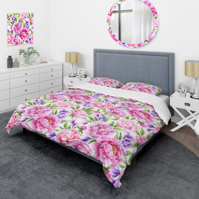 Fleurs mauves et feuille verte - ensemble de housse de couette floral - microfibre de polyester