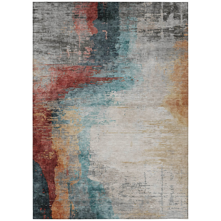 Machine Washable Indoor/Outdoor Xhevrie Teal Rug