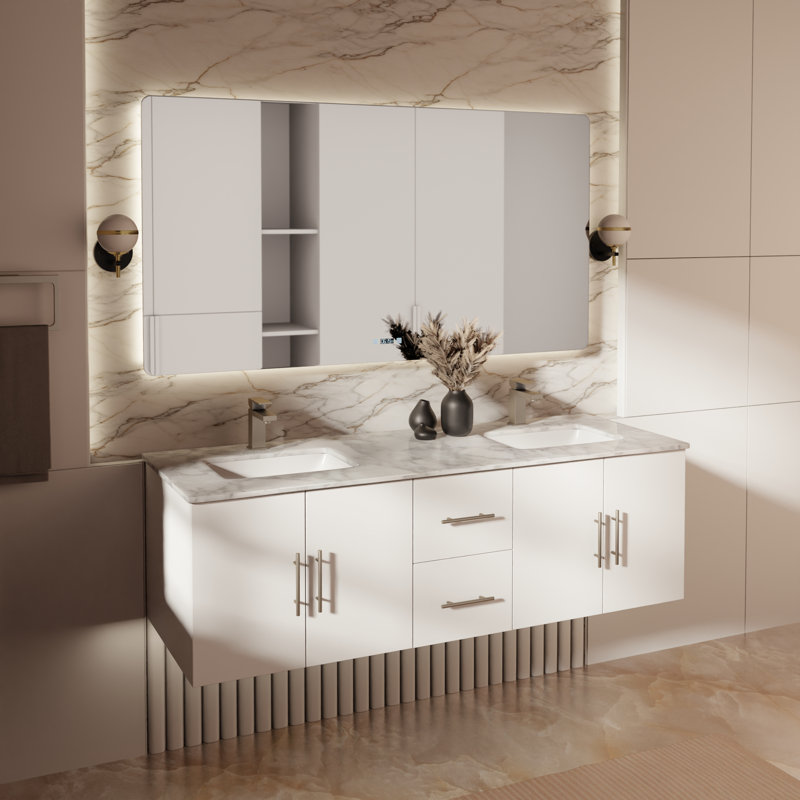Geneva 60" Wall-Mounted Double Bathroom Vanity Set, Glossy White, White Carrara Marble