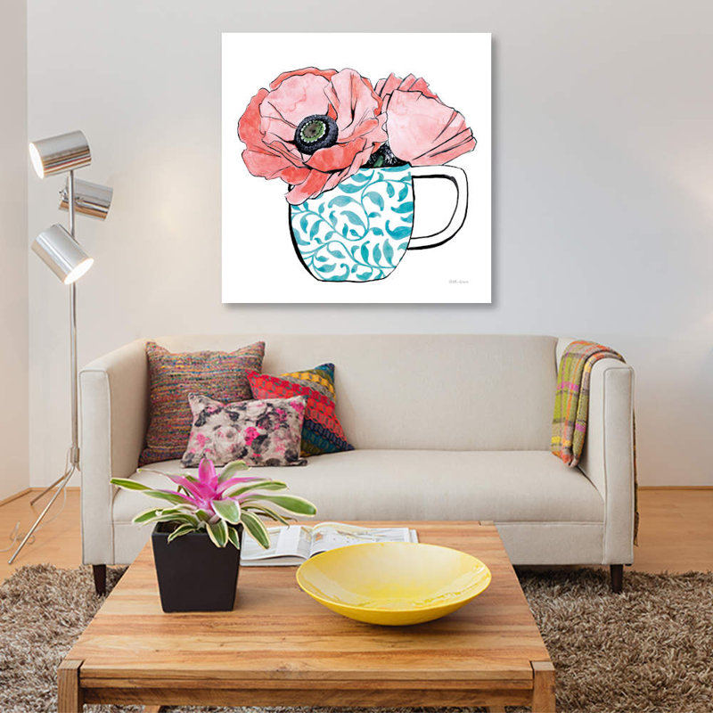 « floral tasses ii », reproduction d’impression sur toile, H 18 po x l 18 po x P 1,5 po, Toile tendue, Pas de tapis