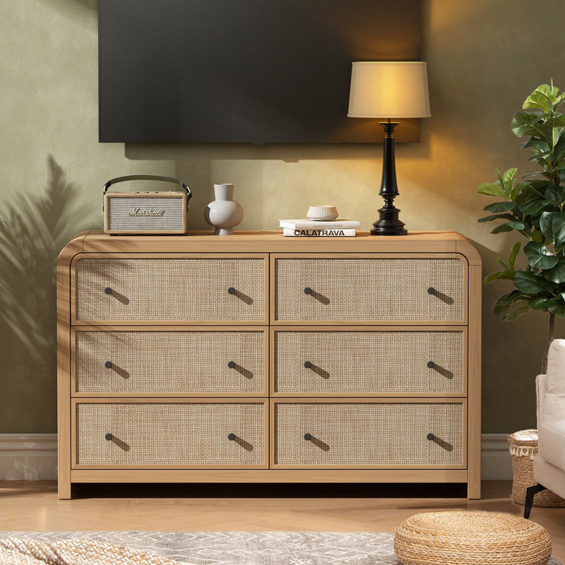 Cevat Rattan 6-Drawers Dresser,Thickened Curved Profile Design, Tan