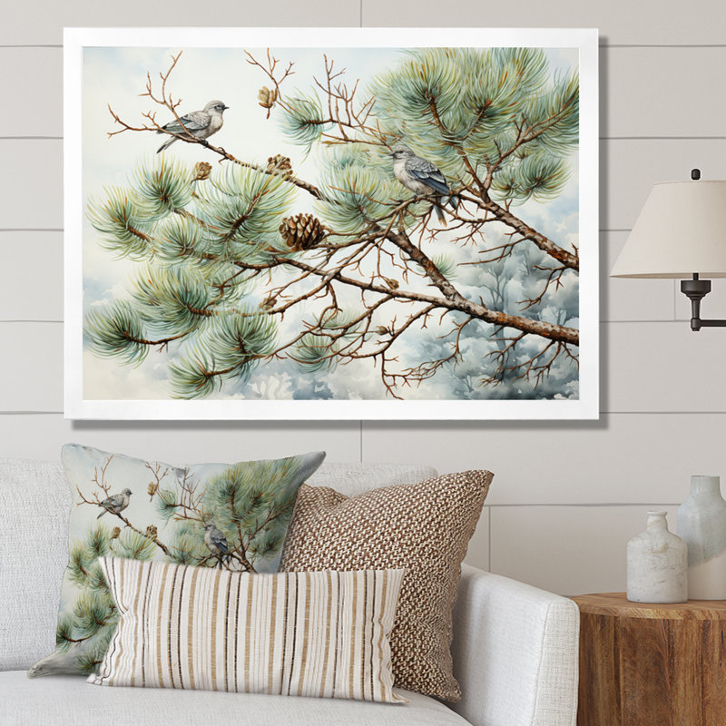 Oiseau sur pin I - Art mural pin, Cadre simple blanc, H 34 po x l 44 po x P 1,5 po