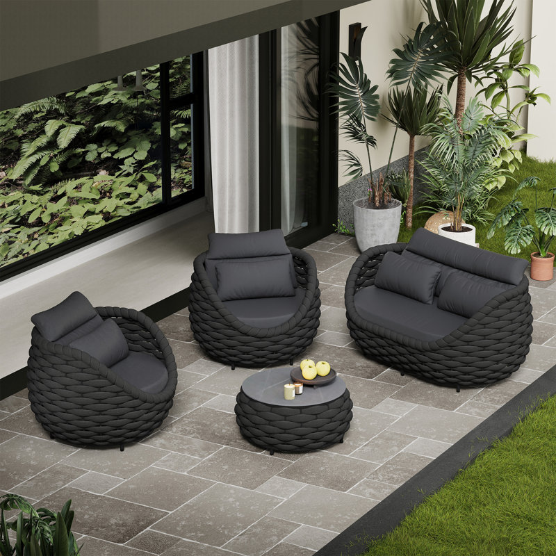 Denea 4 - Person Aluminum Frame Outdoor Seating Group With Cushions, Dark Gray, Dark Gray