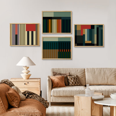 4-Piece Mid-Century Modern Geometric Wall Art Set – Bold Abstract Color Block Framed Prints with Retro Stripes for Contemporary Living Room or Office Décor