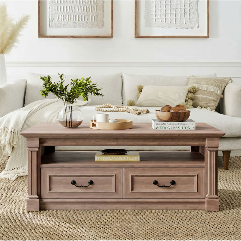 Table basse traditionnelle américaine l 48 po - Plateau de table rectangulaire en bois avec tablier droit, finition naturelle lisse - Table de salon classique