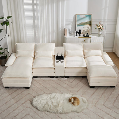 131.5'' U Shaped Sectional Sofa with Chaise Lounges, Storage Console, USB Charging Ports, Cup Holders, Chenille