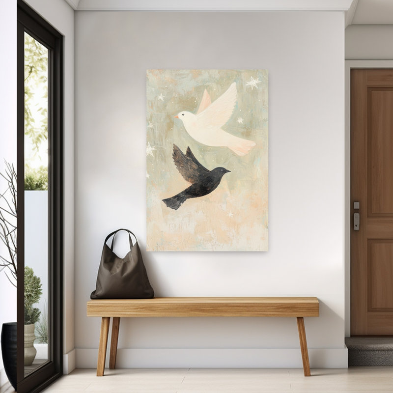 White And Black Flight Ethereal Peaceful Abstract Bird Landscape Nature Wall Art Print 1 Piece Wrapped Canvas Wall Art