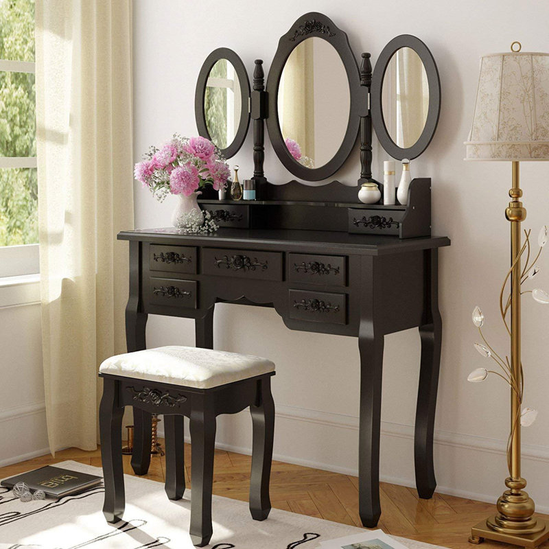 Ensemble de meuble-lavabo avec tabouret et miroir Highview, Noir