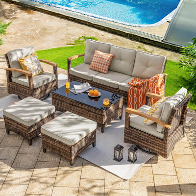 6 Pieces Patio Furniture Sets,Outdoor Rattan Furniture Conversation Sets With 2 Wood Armrests Swivel Rocker Chairs, 2 Ottoman, 3-Seat Sofa And Coffee by Lark Manor