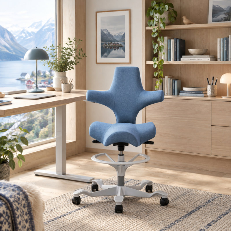 Fauteuil réglable en hauteur avec repose-pieds HœG Capisco, Polyester, Light Washed Blue, Argent argent