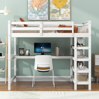 Lit mezzanine double avec tablettes de rangement et bureau sous le lit