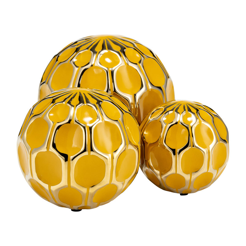 Decorative Stoneware and Ceramic Orbs with Glossy Geometric Design, Set of 3