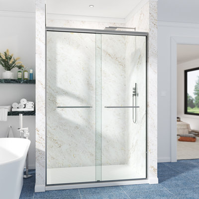 50-55" W X 76" H Semi-frameless Double Sliding Shower Door with 1/4" (6mm) Clear Tempered Glass, Shatter-Resistant Film, Adjustable Rollers, Reversible Handle & Hole Locator