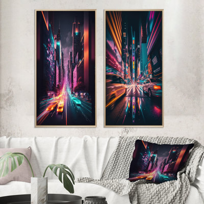 2 Pieces on Canvas - Futuristic New York City Neon II
