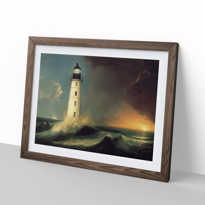 Dashing Lighthouse Seascape - Framed Print, 25cm H x 34cm W x 2cm D, Walnut