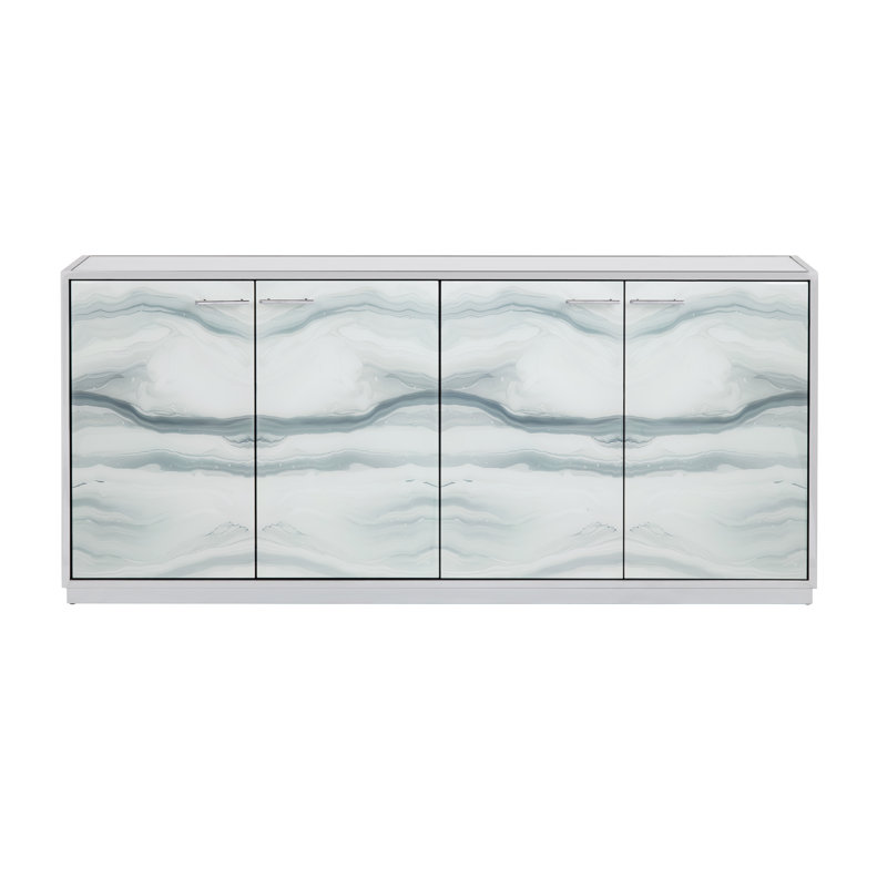 72" White And Gray Marble Inspired Reverse Painted Glass 4-Door Media Credenza_Sideboard