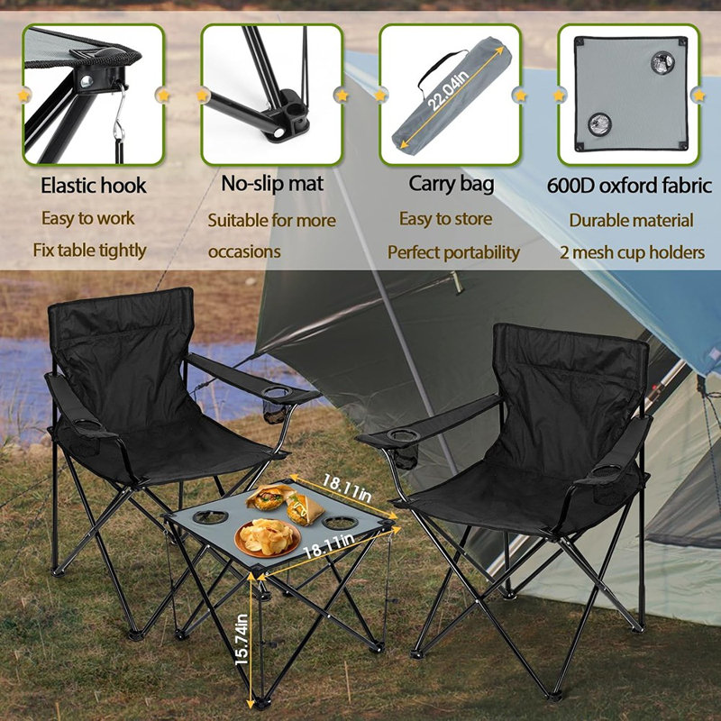 Ensemble de chaises de camping pliables 3 pièces avec table - chaises de jardin pliables portables (noir) avec table d'appoint grise, porte-gobelets et sacs de rangement, ensemble d'extérieur robuste pour la randonnée, la pêche, le pique-nique, le barbecue et les voyages