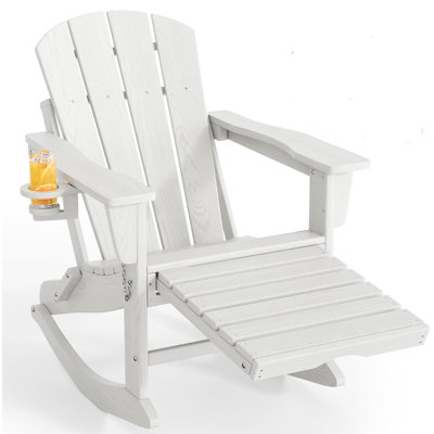 Chaise berçante pliante Adirondack avec repose-pieds rétractable en PEHD d'extérieur toutes saisons en bois texturé avec porte-gobelet pour terrasse