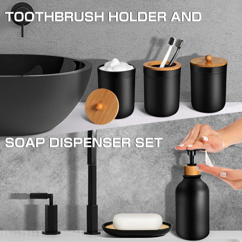 Ensemble d'accessoires de salle de bain noir 5 pièces, accessoires de salle de bain noir mat, ensemble de distributeur de savon en plastique et porte-brosse à dents, porte-savon, pot de coton-tige, noir
