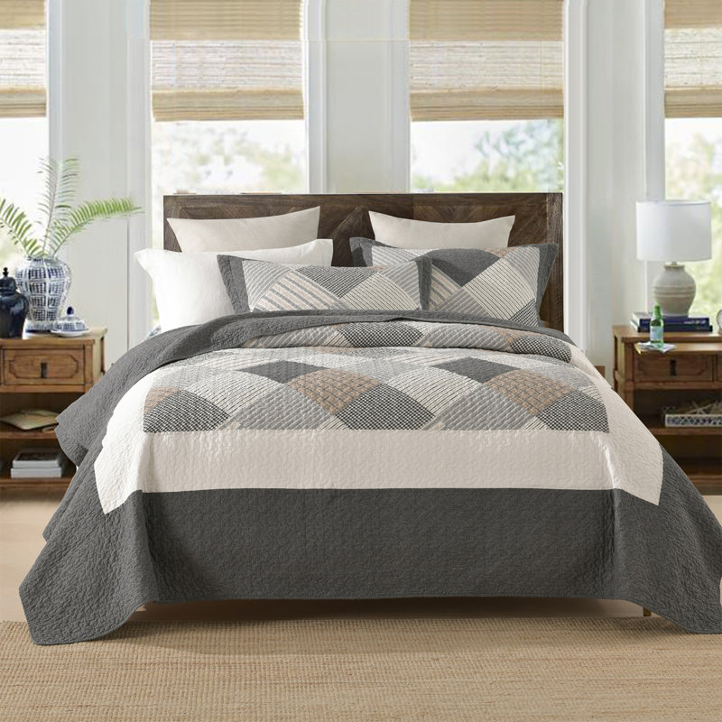 DUOHONG 100% Cotton  Quilted Quilt Set, Queen Quilt + 2 Standard Shams, Gray/White/Brown Plaid