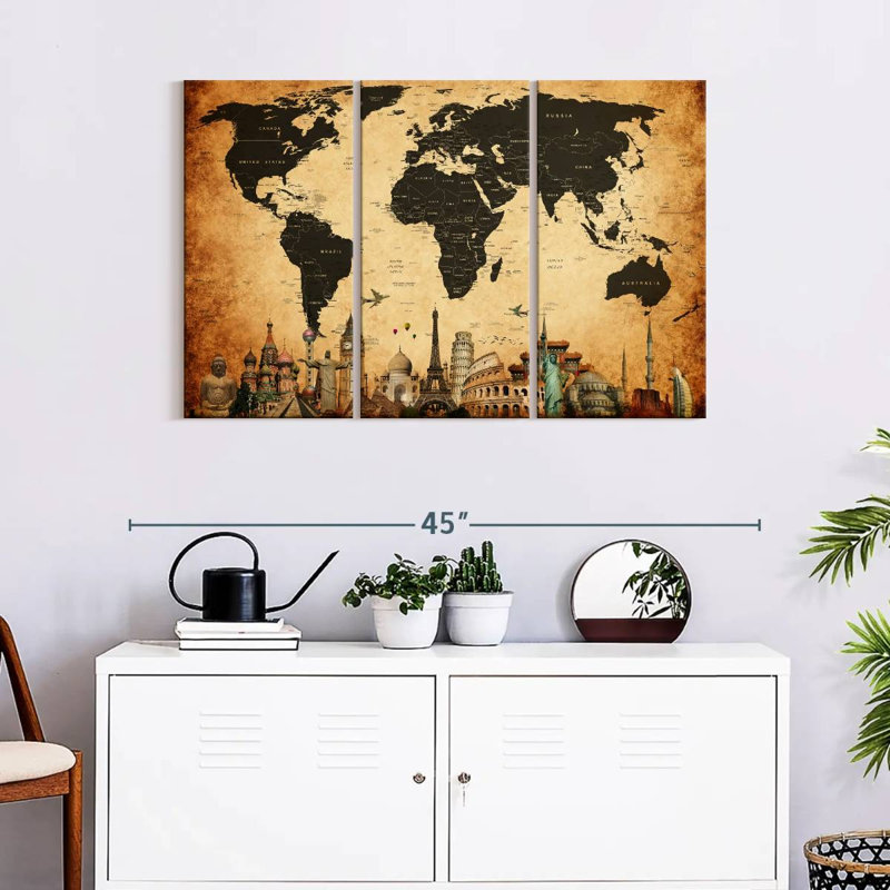 Carte du monde rétro, impression sur toile, H 38 po x l 24 po x P 1,25 po
