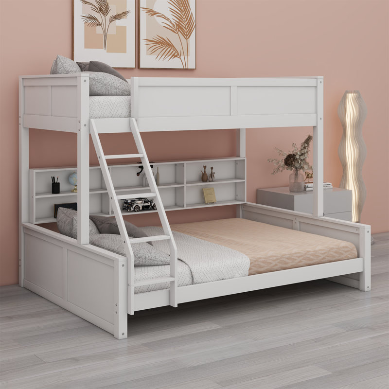 Lit superposé avec armoires de rangement et ports USB, Blanc antique