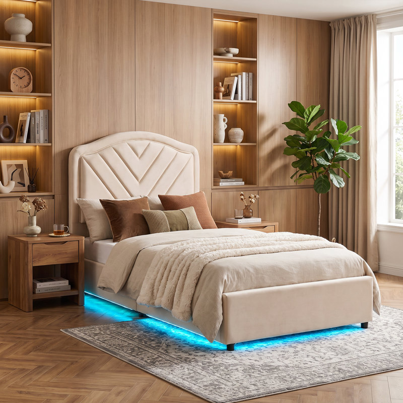 Bed Frame with Velvet Headboard, Smart Adjustable LED Light, Metal Ottoman Bed Frame With Wooden Slat Support, Gas Lift Under Bed Storage