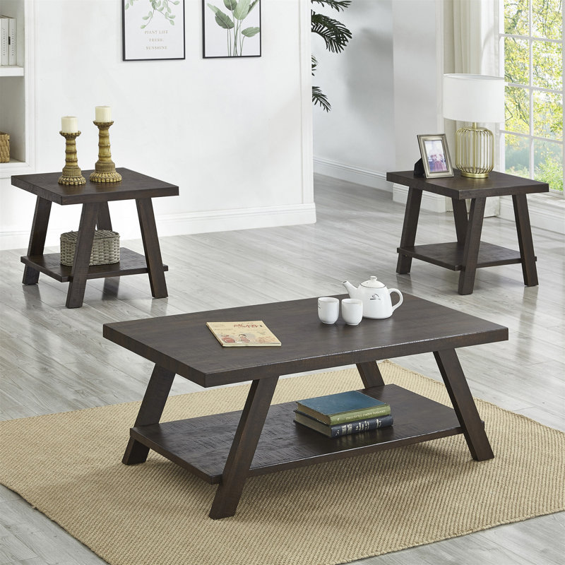 Ensemble de 3 tables basses contemporaines à tablettes en bois avec rangement spacieux et design minimaliste, Espresso